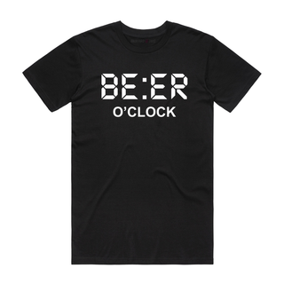 Black t-shirt with 'BE:ER O'CLOCK' text on a white background
