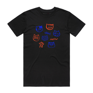 Black t-shirt with colorful cat illustrations and 'MEOW' text on a white background