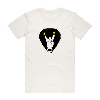 An off-white crewneck t-shirt featuring a black guitar pick graphic on the chest. The graphic depicts a hand making the rock on fire gesture with yellow lightning bolts and a red heart on the ring finger, set against a plain white background.