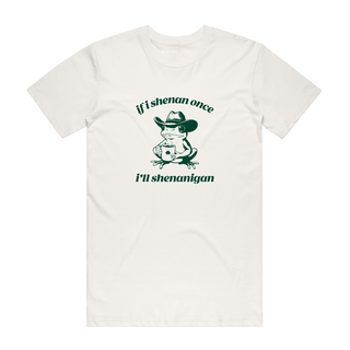 White t-shirt with a frog wearing a cowboy hat and text on a white background
