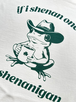 White shirt with green frog graphic and text 'if i shenanigan one shenanigan will follow' on a white background