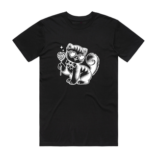 Lollypop Cat (White) - Graphic T-Shirt - Black