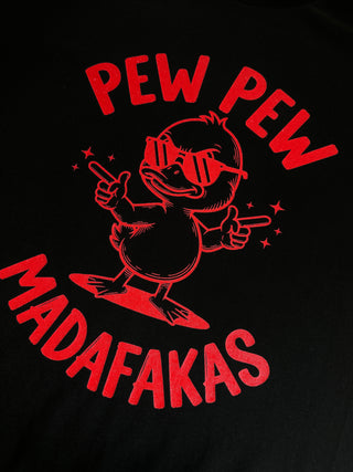 Black t-shirt with red graphic and text 'Pew Pew Madafakas' on a black background