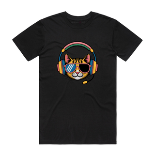 Rainbow Cat Headphones - Cat T-Shirt - Black