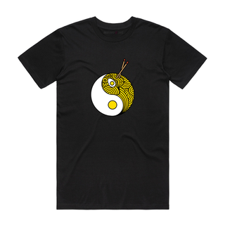 Black t-shirt with a yin yang design featuring a butterfly on a white background