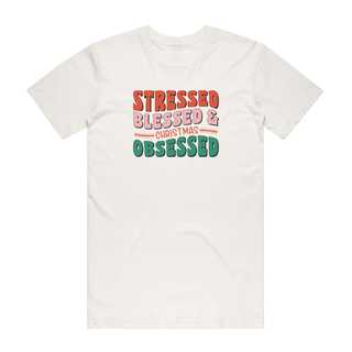 Stressed, Blessed, And Christmas Obsessed- Christmas T-Shirt - Natural