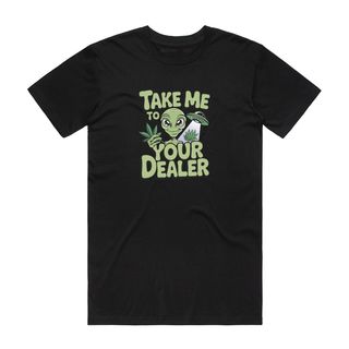 Black t-shirt with green alien graphic and text on a white background