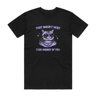 Black t-shirt with a graphic of a cat and text on a white background