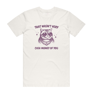 White t-shirt with a graphic of a cat and text on a white background