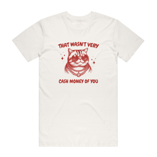 White t-shirt with a graphic of a cat and text on a white background