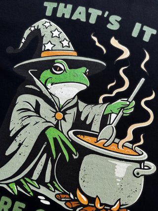 Illustration of a green creature in a witch hat with a broom, text 'THAT'S IT BE RE', on a black background.