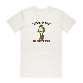 White t-shirt with a frog graphic and text on a white background