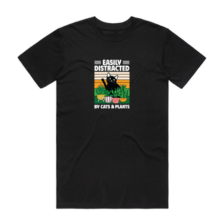 Easily Distracted  By Cats And Plants - Funny T-Shirt - Black