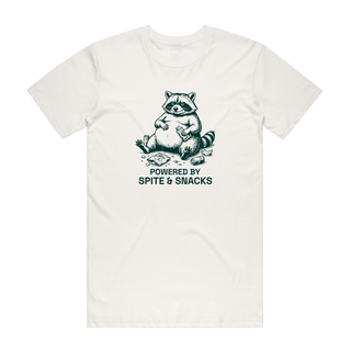 Powered By Spite And Snacks - Funny T-Shirt - Natural